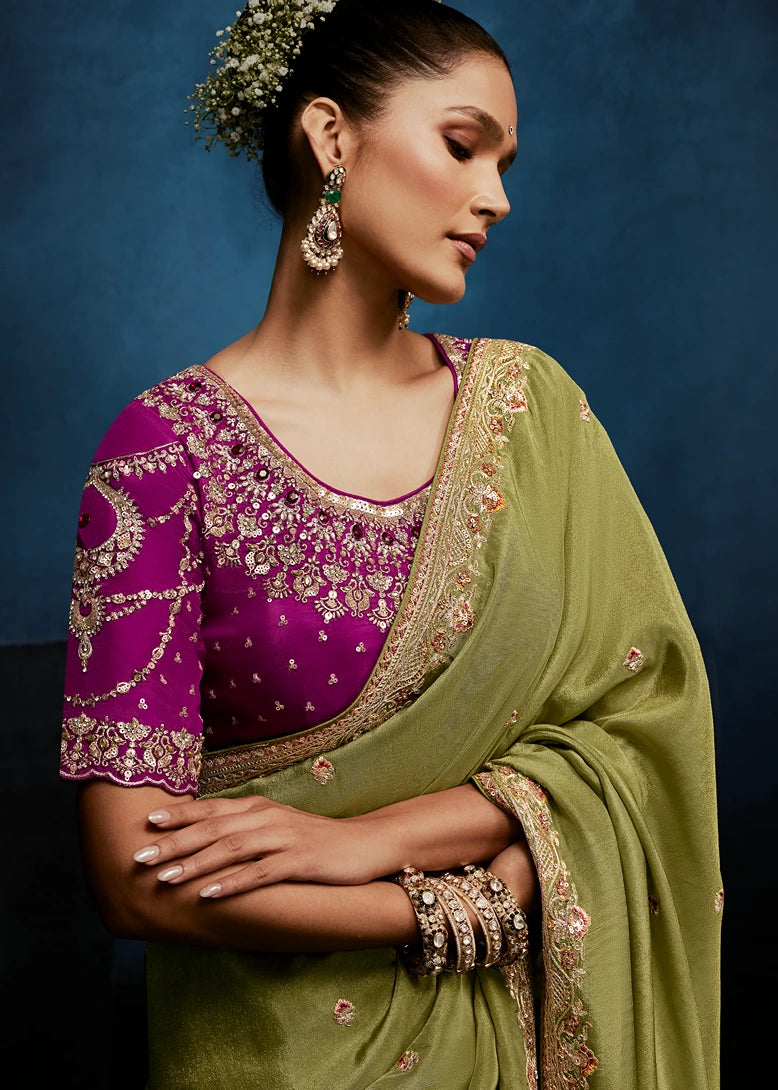 Designer Mehendi Green Organza Tissue Silk Embroidered Saree with Magenta Pink Blouse