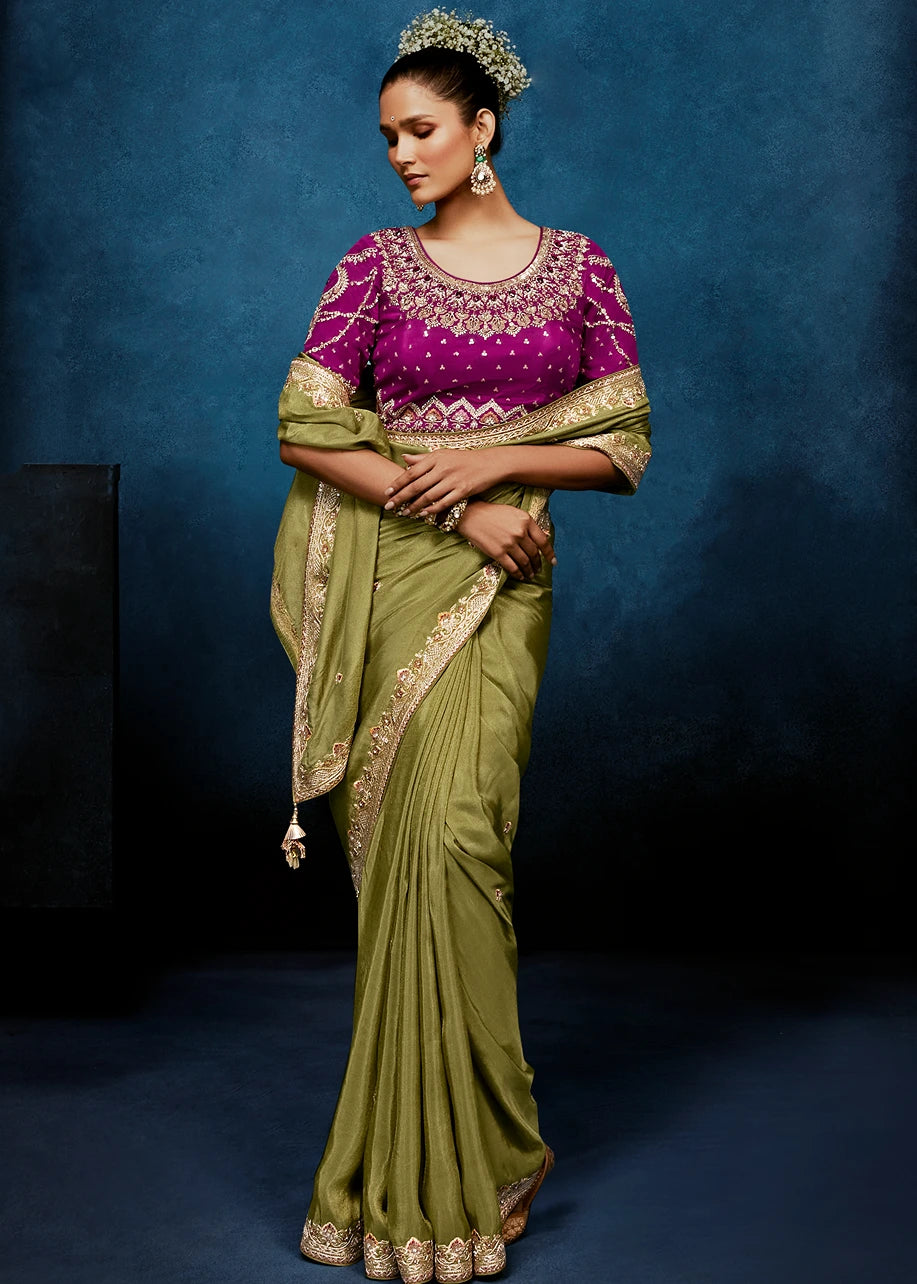 Designer Mehendi Green Organza Tissue Silk Embroidered Saree with Magenta Pink Blouse