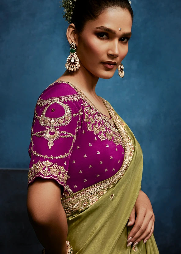 Designer Mehendi Green Organza Tissue Silk Embroidered Saree with Magenta Pink Blouse