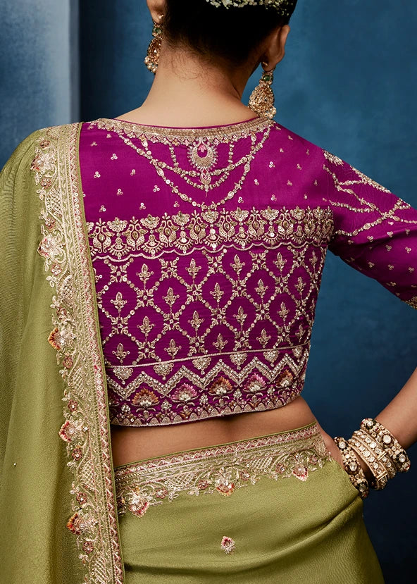 Designer Mehendi Green Organza Tissue Silk Embroidered Saree with Magenta Pink Blouse
