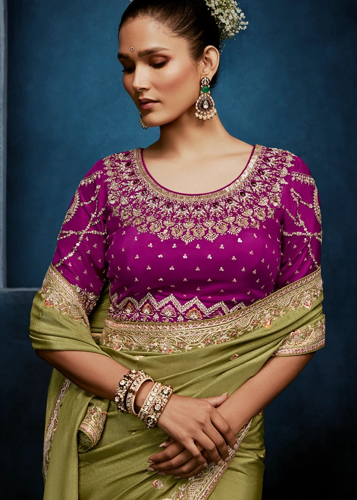 Designer Mehendi Green Organza Tissue Silk Embroidered Saree with Magenta Pink Blouse