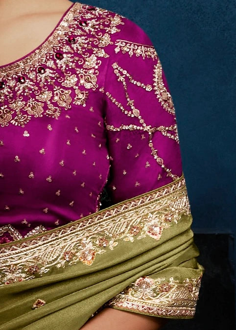 Designer Mehendi Green Organza Tissue Silk Embroidered Saree with Magenta Pink Blouse