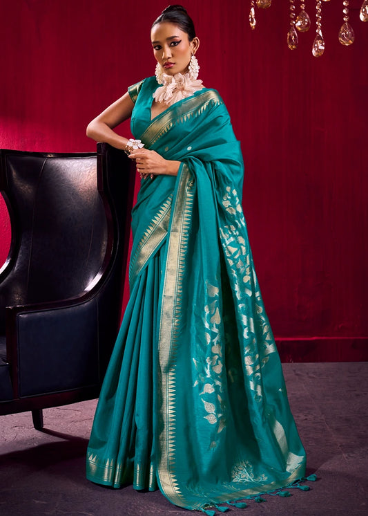 Soft Banarasi Silk Teal Green Zari Weaving Saree