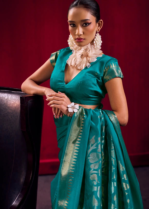 Soft Banarasi Silk Teal Green Zari Weaving Saree