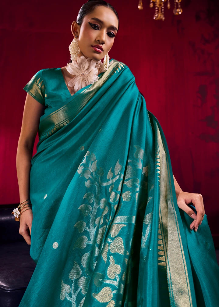 Soft Banarasi Silk Teal Green Zari Weaving Saree