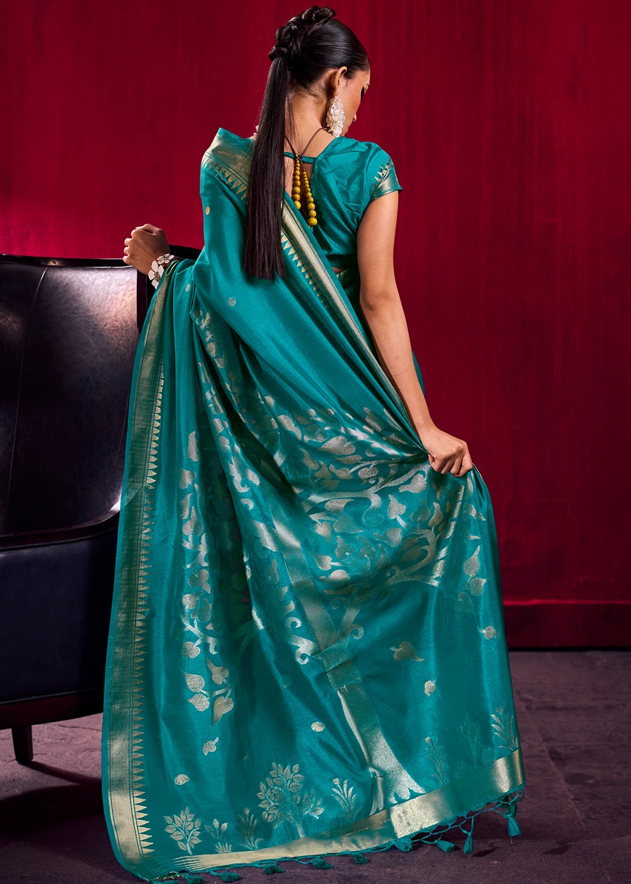 Soft Banarasi Silk Teal Green Zari Weaving Saree