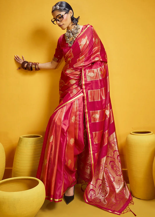 Red Tissue Satin Silk Zari Weaving Handloom Saree
