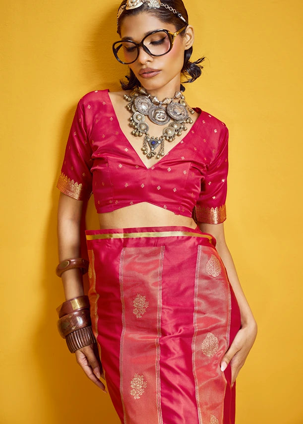 Red Tissue Satin Silk Zari Weaving Handloom Saree