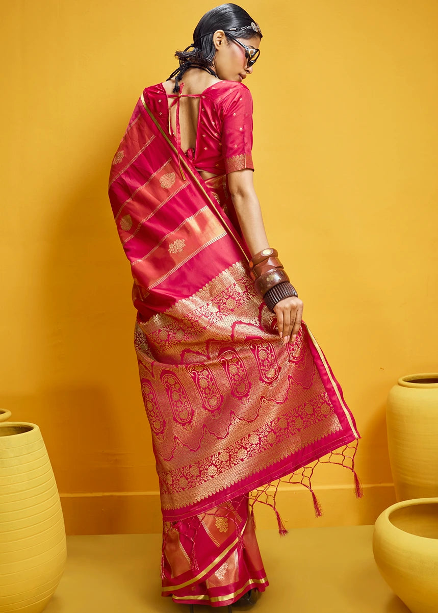Red Tissue Satin Silk Zari Weaving Handloom Saree