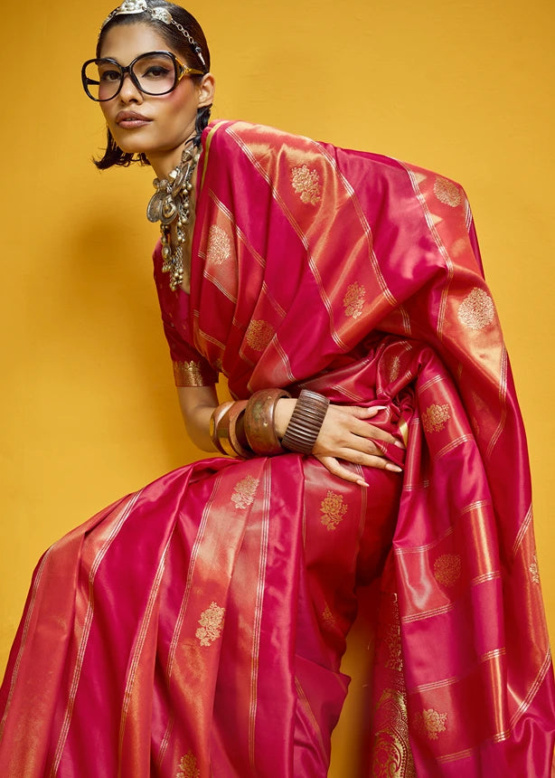 Red Tissue Satin Silk Zari Weaving Handloom Saree
