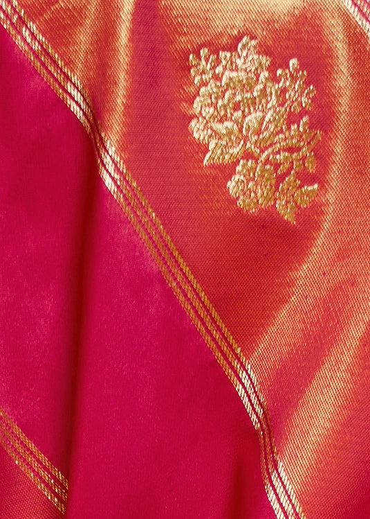 Red Tissue Satin Silk Zari Weaving Handloom Saree