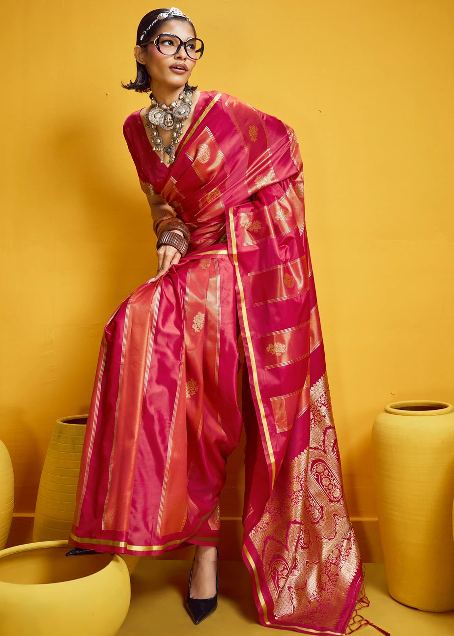 Red Tissue Satin Silk Zari Weaving Handloom Saree