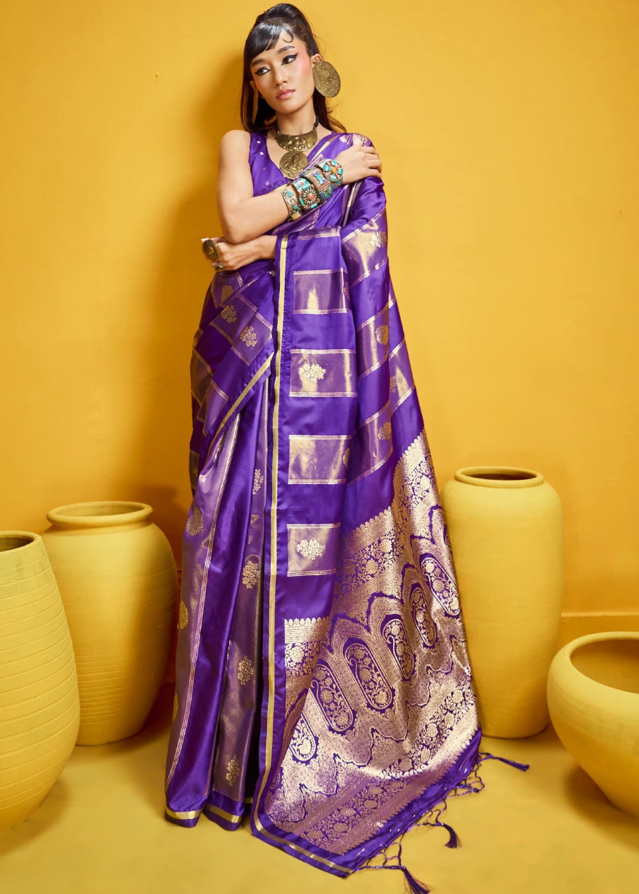 Purple Tissue Satin Silk Zari Weaving Handloom Saree