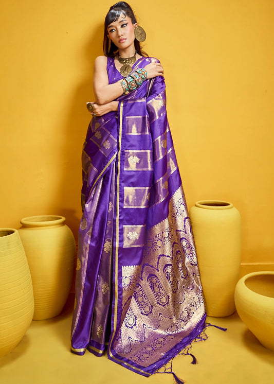 Purple Tissue Satin Silk Zari Weaving Handloom Saree