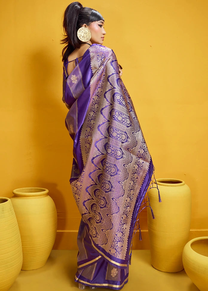 Purple Tissue Satin Silk Zari Weaving Handloom Saree