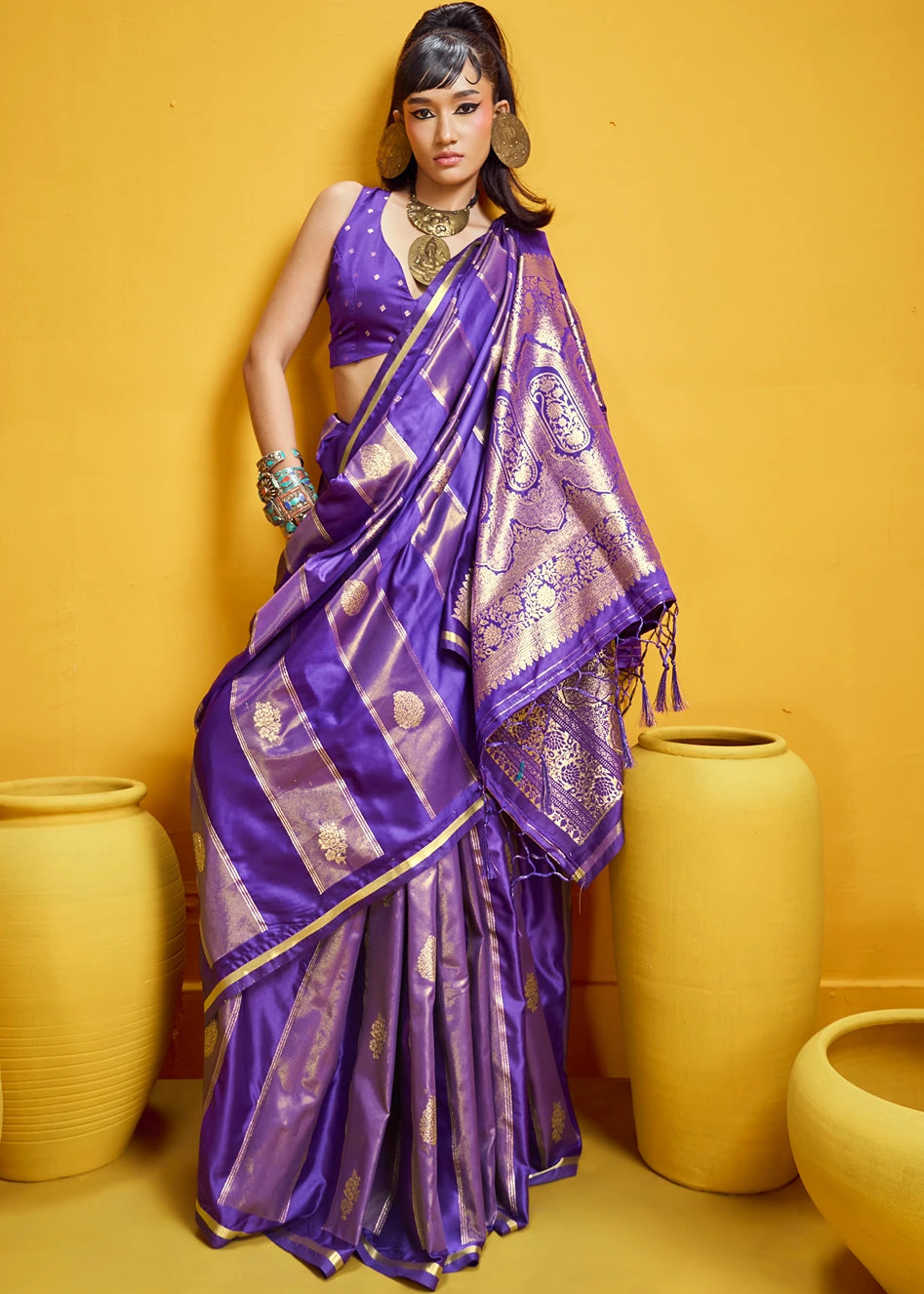 Purple Tissue Satin Silk Zari Weaving Handloom Saree