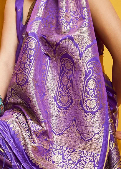Purple Tissue Satin Silk Zari Weaving Handloom Saree