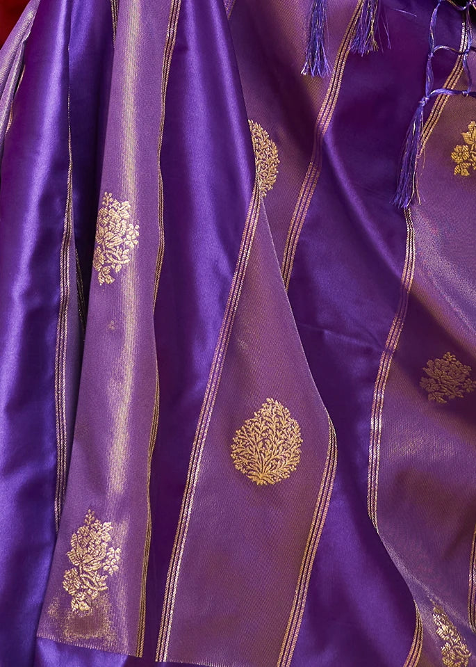 Purple Tissue Satin Silk Zari Weaving Handloom Saree