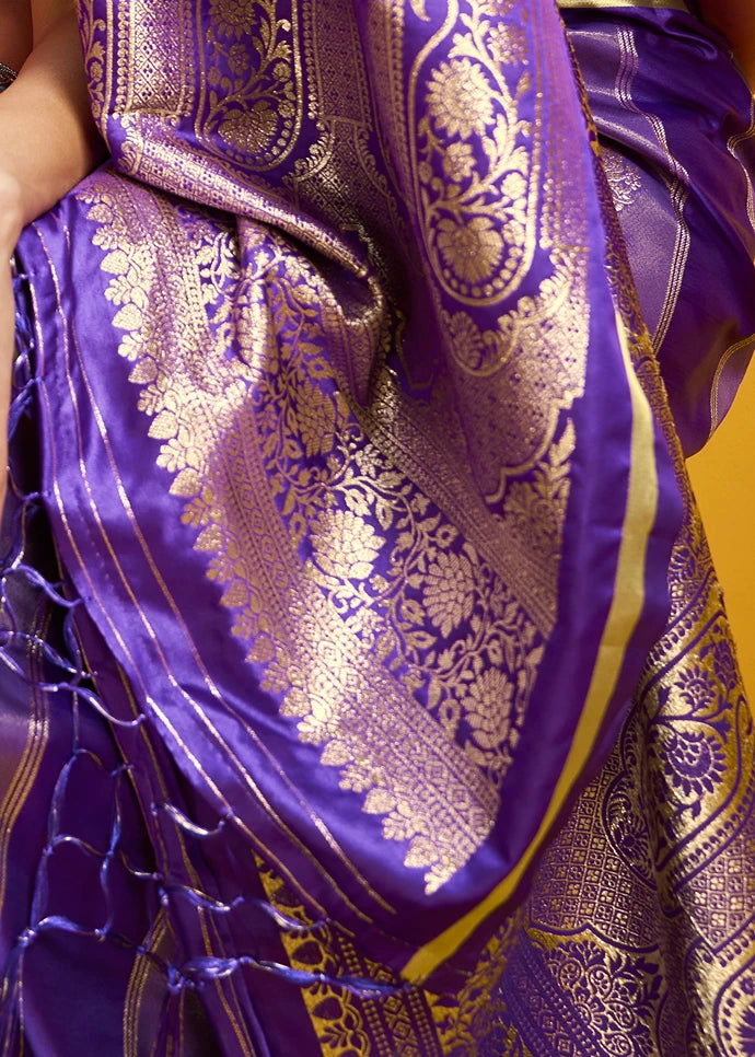 Purple Tissue Satin Silk Zari Weaving Handloom Saree