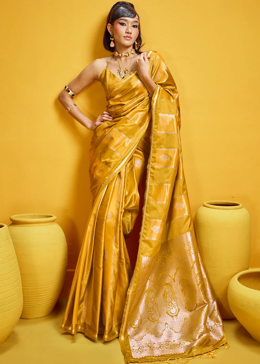 Mustard Yellow Tissue Satin Silk Zari Weaving Handloom Saree