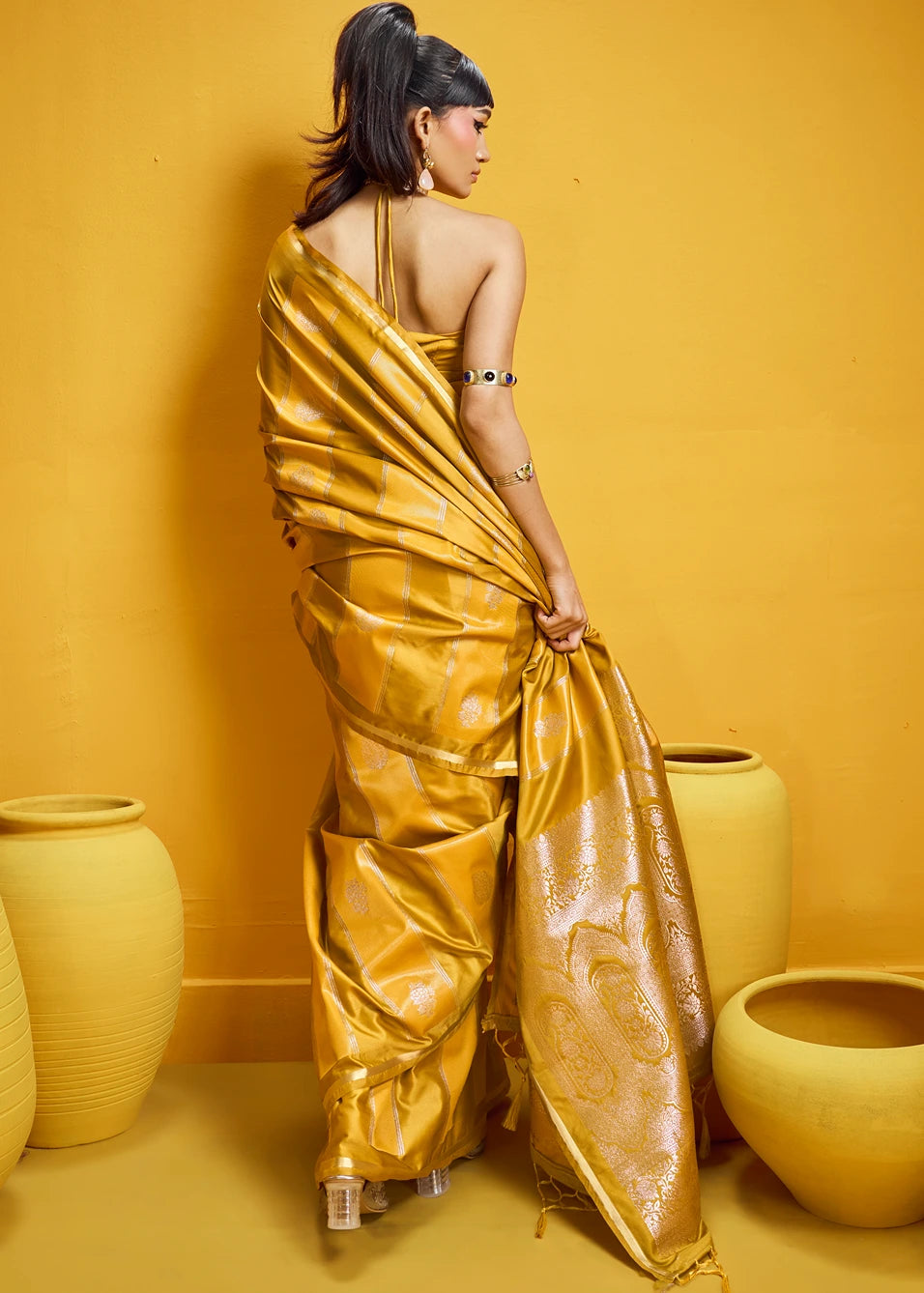 Mustard Yellow Tissue Satin Silk Zari Weaving Handloom Saree