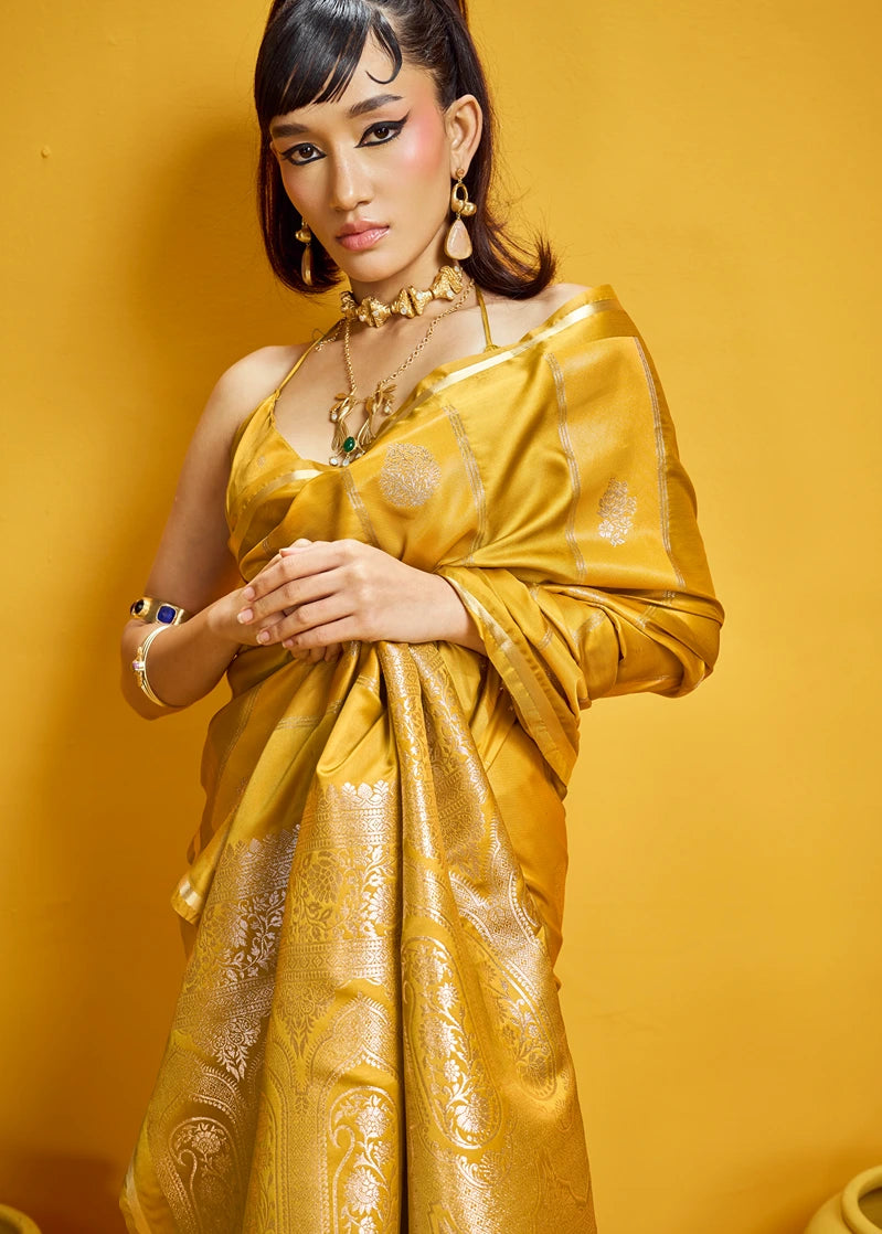 Mustard Yellow Tissue Satin Silk Zari Weaving Handloom Saree