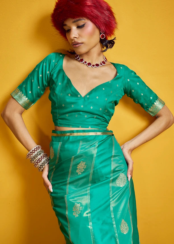 Emerald Green Tissue Satin Silk Zari Weaving Handloom Saree