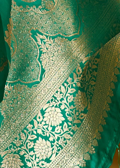 Emerald Green Tissue Satin Silk Zari Weaving Handloom Saree