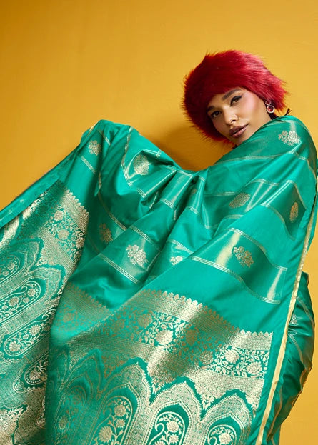 Emerald Green Tissue Satin Silk Zari Weaving Handloom Saree
