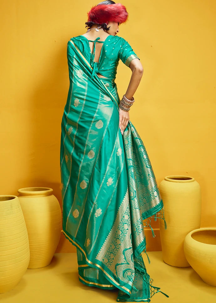 Emerald Green Tissue Satin Silk Zari Weaving Handloom Saree