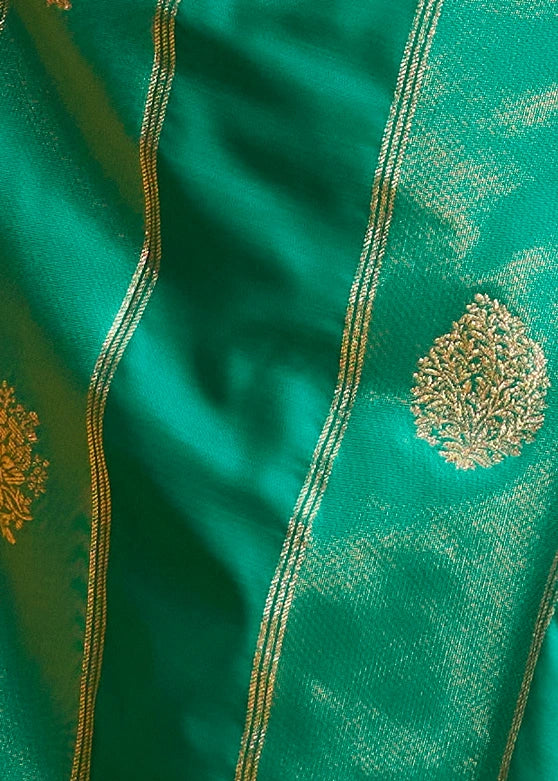 Emerald Green Tissue Satin Silk Zari Weaving Handloom Saree