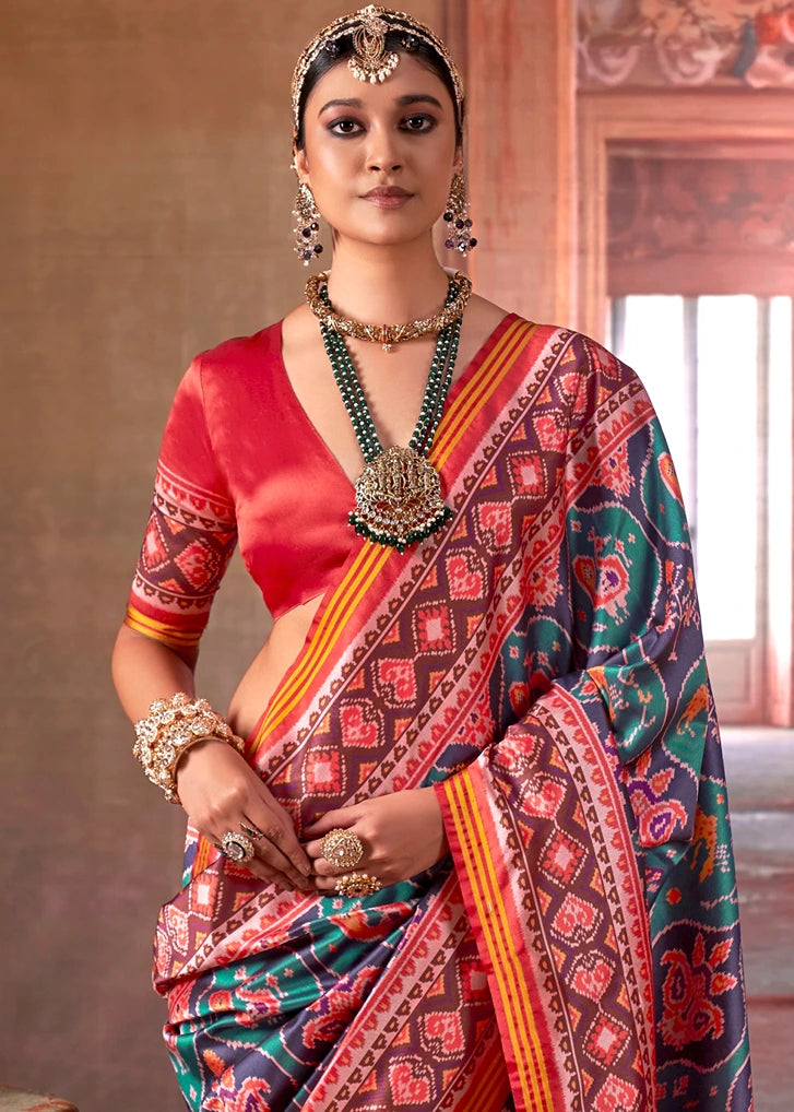 Designer Teal Green and Red Patola Silk Saree
