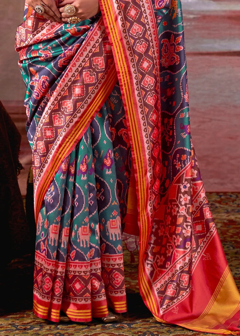 Designer Teal Green and Red Patola Silk Saree