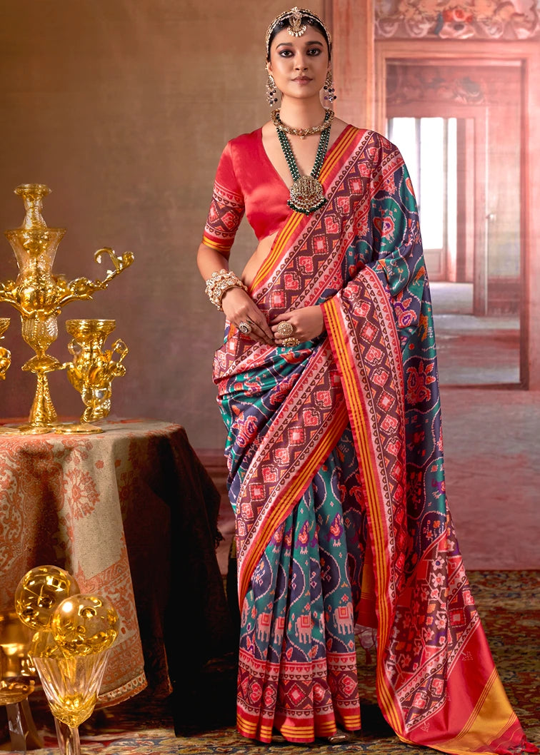 Designer Teal Green and Red Patola Silk Saree