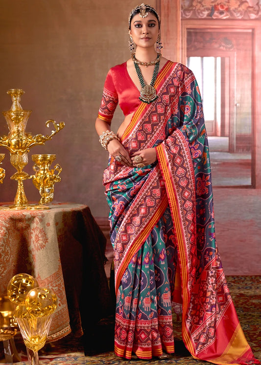 Designer Teal Green and Red Patola Silk Saree