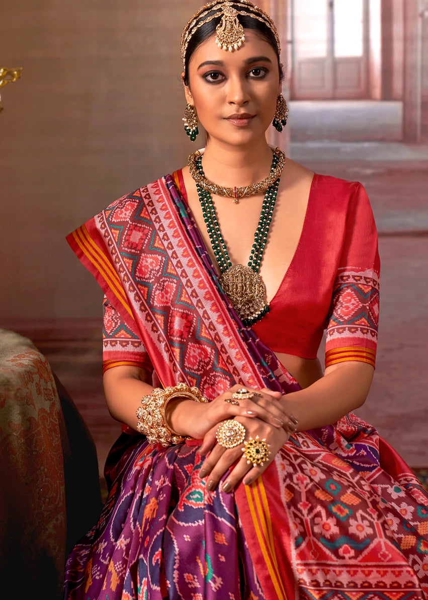 Designer Magenta Pink and Red Patola Silk Saree