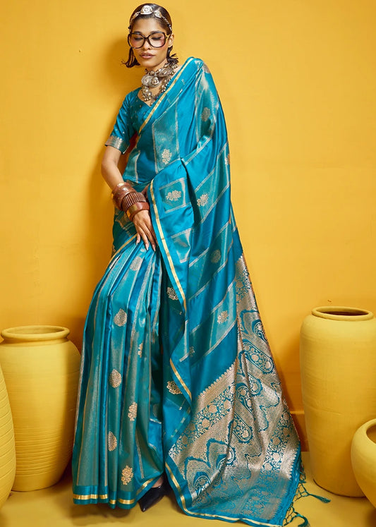 Turquoise Blue Tissue Satin Silk Zari Weaving Handloom Saree