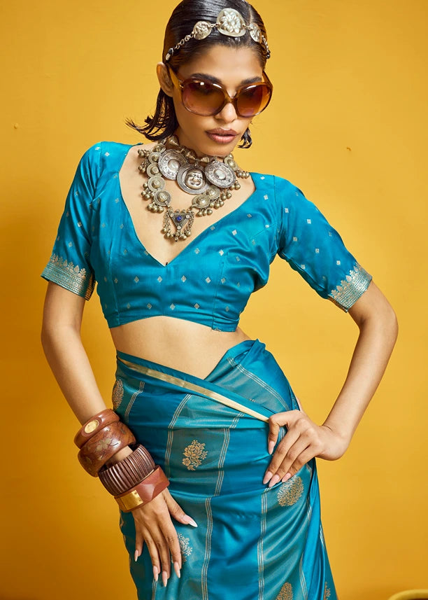 Turquoise Blue Tissue Satin Silk Zari Weaving Handloom Saree