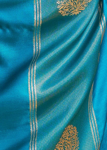 Turquoise Blue Tissue Satin Silk Zari Weaving Handloom Saree
