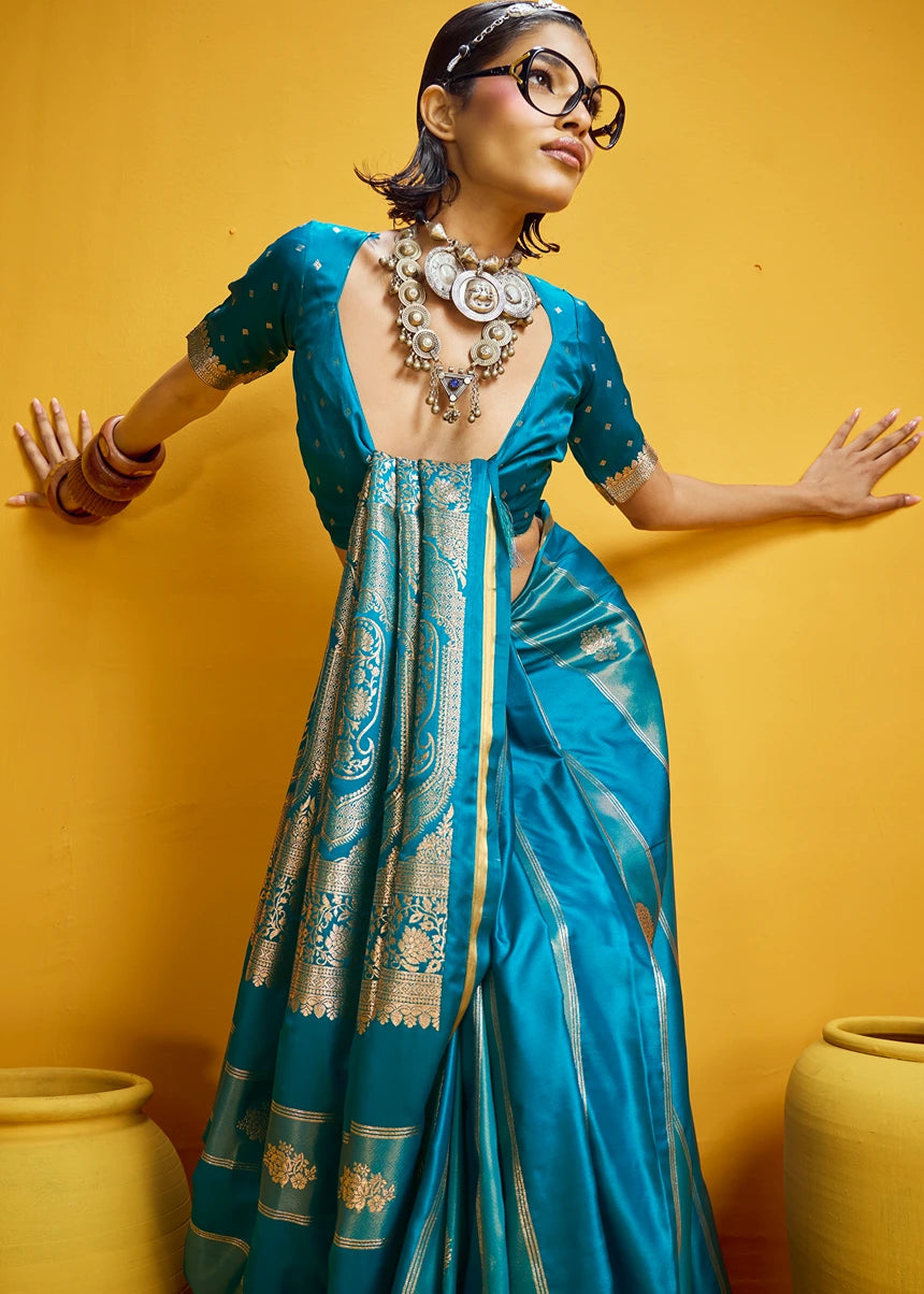 Turquoise Blue Tissue Satin Silk Zari Weaving Handloom Saree