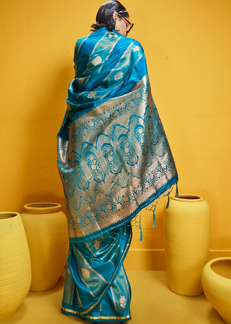 Turquoise Blue Tissue Satin Silk Zari Weaving Handloom Saree