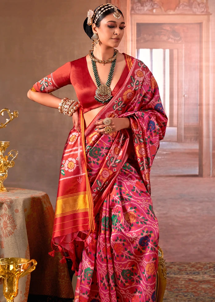 Designer Fuchsia Pink and Red Patola Silk Saree
