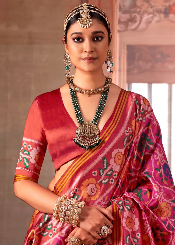 Designer Fuchsia Pink and Red Patola Silk Saree