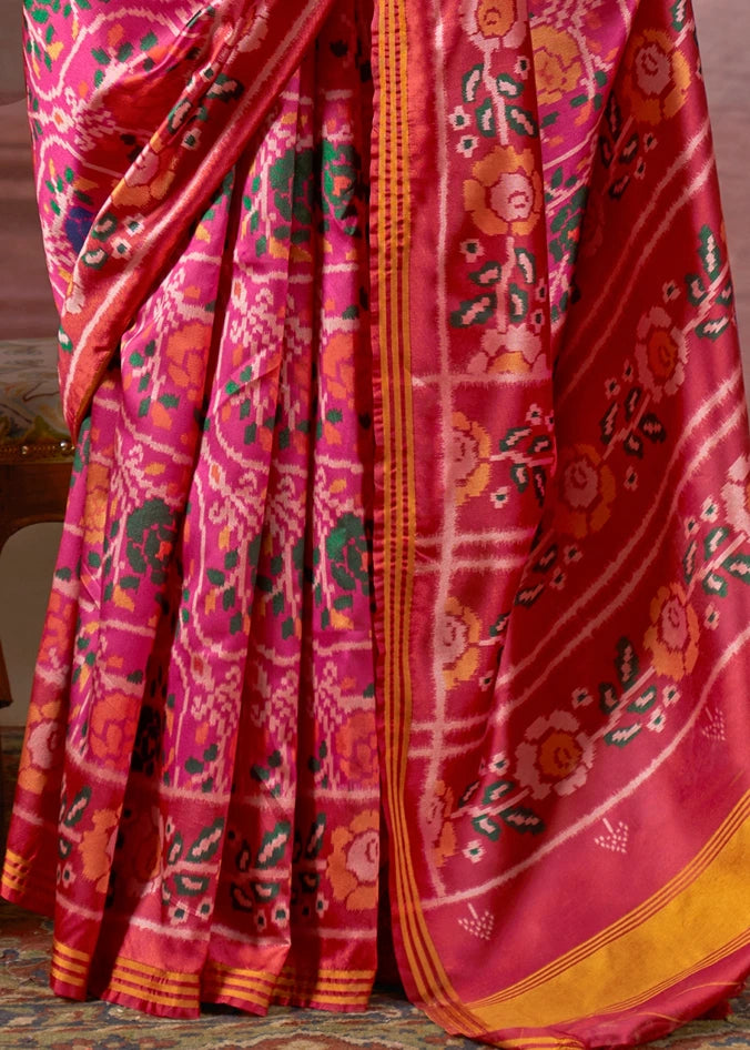 Designer Fuchsia Pink and Red Patola Silk Saree