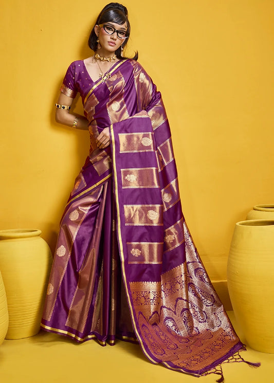 Magenta Pink Tissue Satin Silk Zari Weaving Handloom Saree