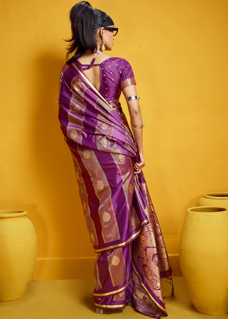 Magenta Pink Tissue Satin Silk Zari Weaving Handloom Saree