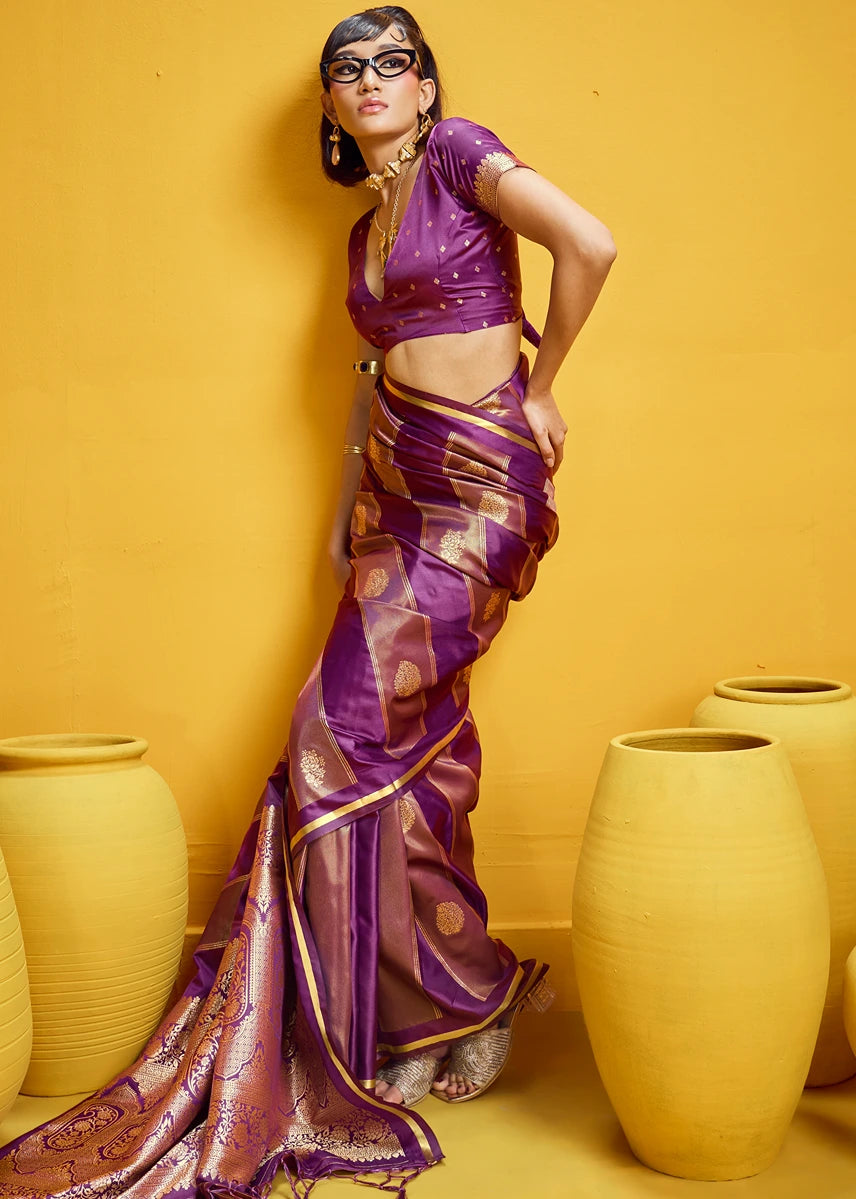 Magenta Pink Tissue Satin Silk Zari Weaving Handloom Saree