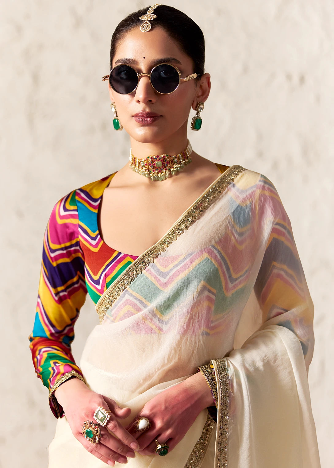 Crushed Organza Tissue Silk Off White Embroidered Saree with Multicolor Blouse