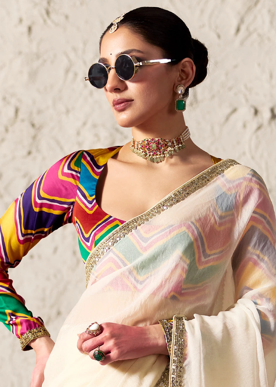 Crushed Organza Tissue Silk Off White Embroidered Saree with Multicolor Blouse