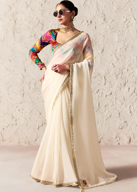 Crushed Organza Tissue Silk Off White Embroidered Saree with Multicolor Blouse